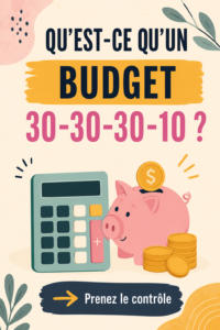 Une femme souriante consultée un budget mensuel sur une tablette. Budget 30-30-30-10.
