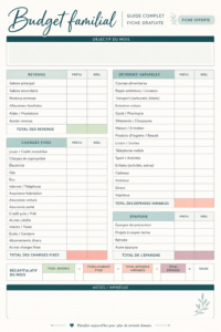 Visuel d'une femme examinant un budget familial avec des notes et un ordinateur.