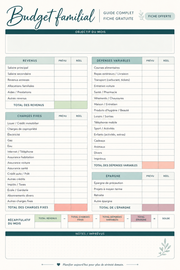 Visuel d'une femme examinant un budget familial avec des notes et un ordinateur.