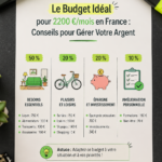 Une femme examinant son budget mensuel de 2200 € avec un ordinateur et des documents.