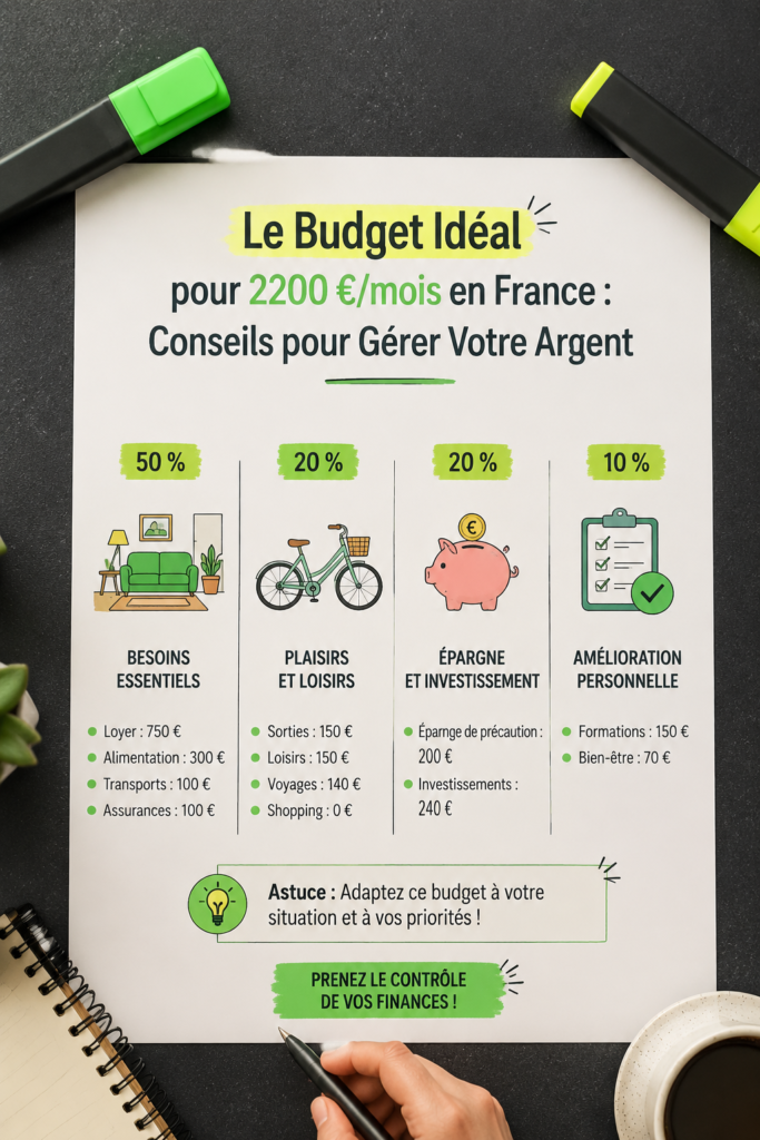 Une femme examinant son budget mensuel de 2200 € avec un ordinateur et des documents.