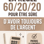 Une femme heureuse examinant son budget avec un ordinateur portable et des cahiers, symbolisant la méthode 60-20-20.