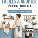 Une famille souriante se penche sur leurs finances ensemble, en discutant de leur budget familial.