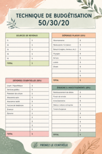 Une femme souriante examinant son budget avec des notes et un calendrier, illustrant la méthode 50/30/20.