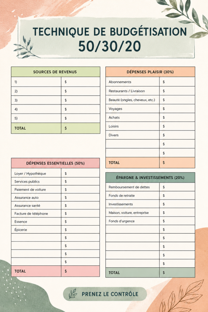 Une femme souriante examinant son budget avec des notes et un calendrier, illustrant la méthode 50/30/20.