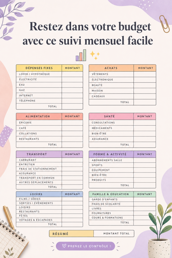 Tableau de dépenses mensuel sur un bureau, représentant une gestion budgétaire efficace.