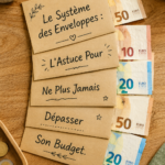 Femme souriante qui gère son budget avec des enveloppes colorées