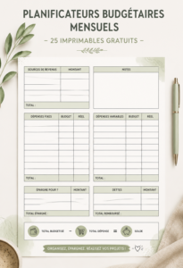 Femme utilisant un planificateur de budget mensuel avec des imprimables gratuits sur une table.