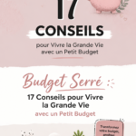 Femme souriante tenant un carnet de budget avec un café à la main.