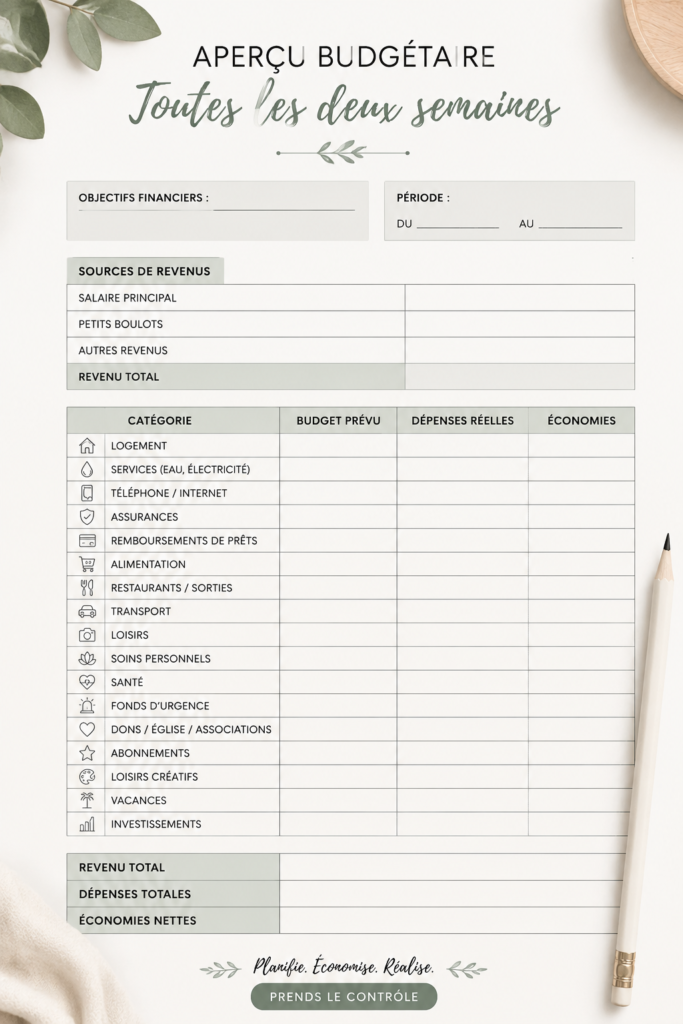Femme utilisant un tableau pour planifier son budget bi-hebdomadaire.