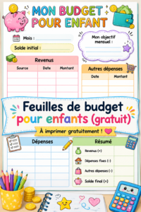 Femme montrant des feuilles de budget à imprimer pour enfants