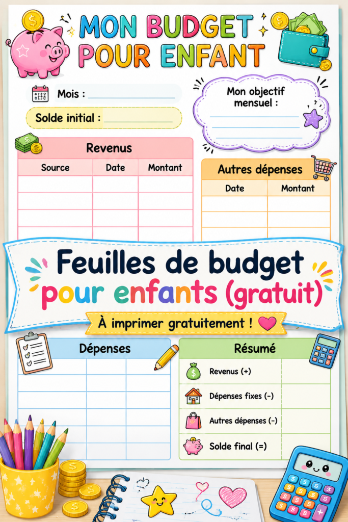 Femme montrant des feuilles de budget à imprimer pour enfants