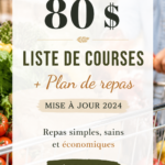 Une liste de courses sur une table avec des aliments sains autour
