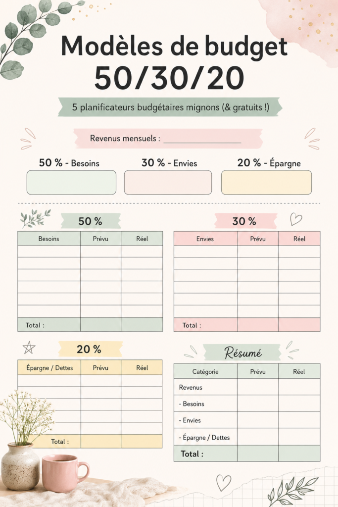 Un planner de budget coloré avec des sections pour les différentes catégories de dépenses.