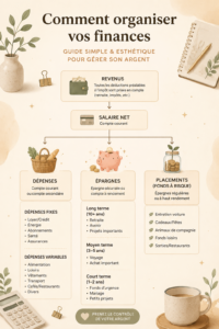 Une femme souriante avec un carnet coloré, organisant ses finances sur une table de bureau.