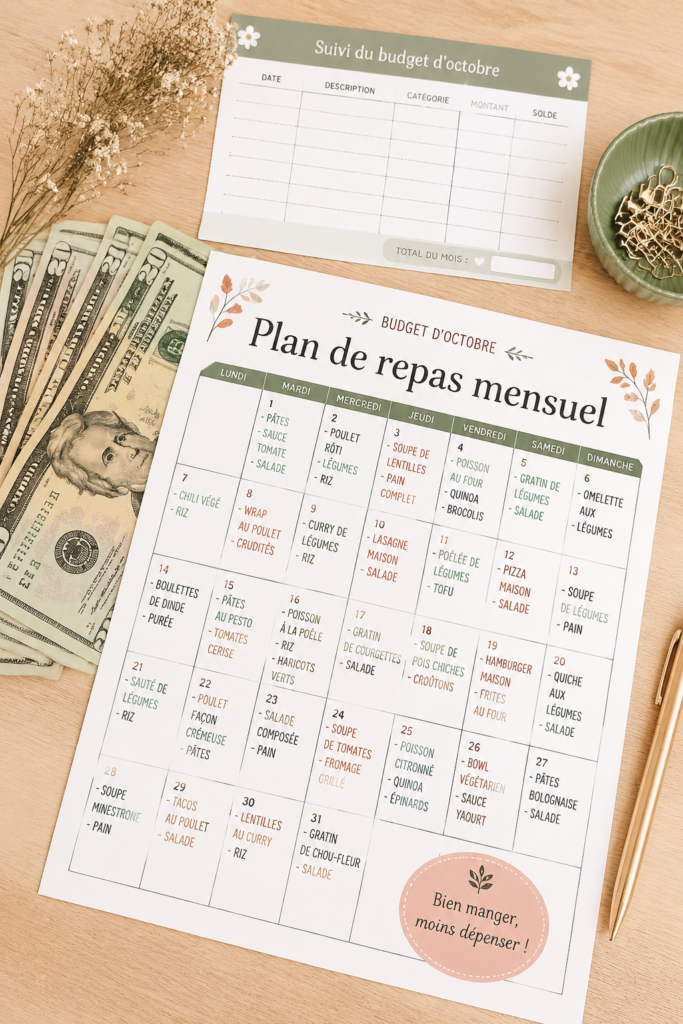 Plan de repas budget pour octobre avec recettes et ingrédients économiques.
