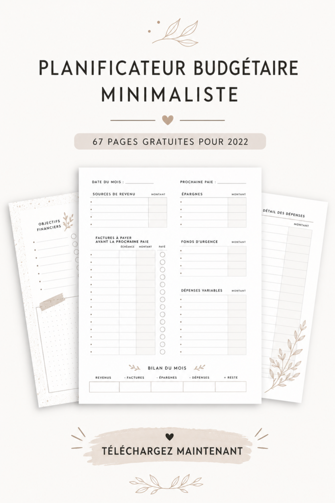 Image d'un planificateur de budget minimaliste sur une table en bois.