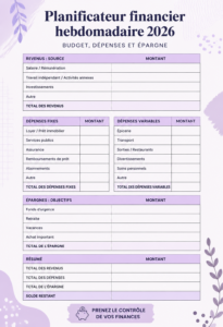 Planificateur financier 2026 PDF avec sections budget et dépenses