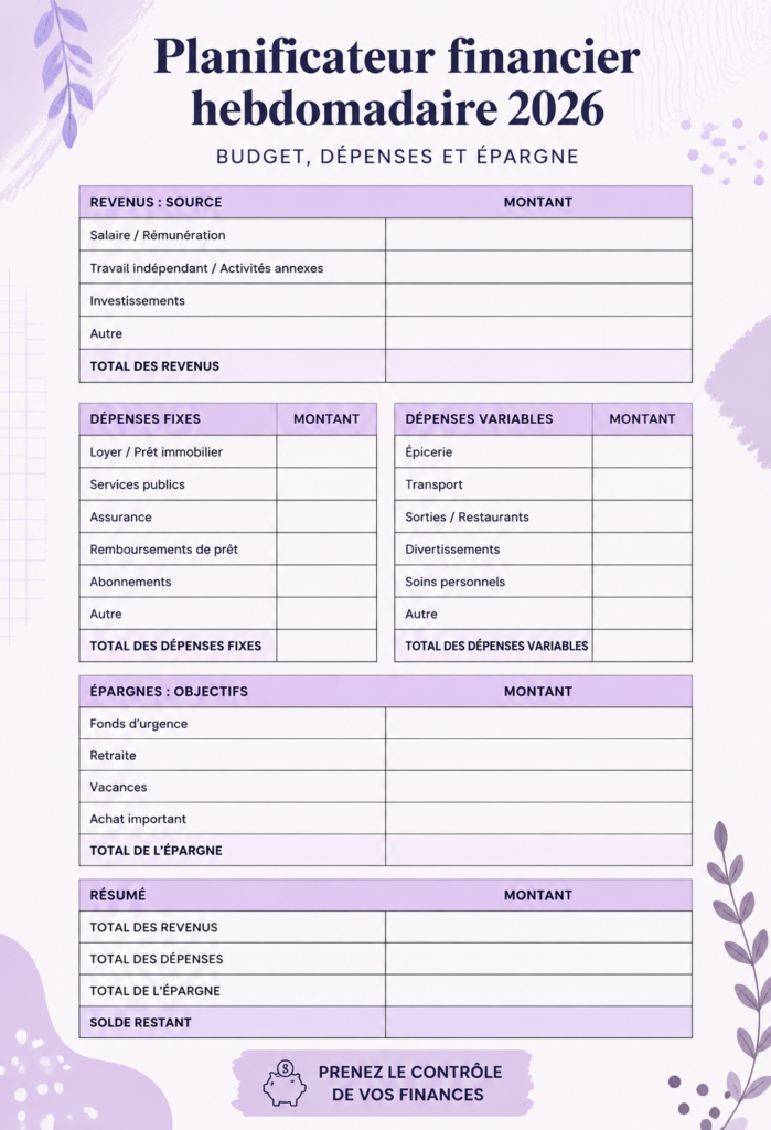 Planificateur financier 2026 PDF avec sections budget et dépenses