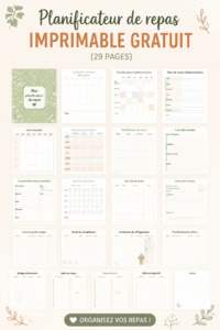 Planificateur de repas à imprimer sur une table en bois avec des aliments en arrière-plan