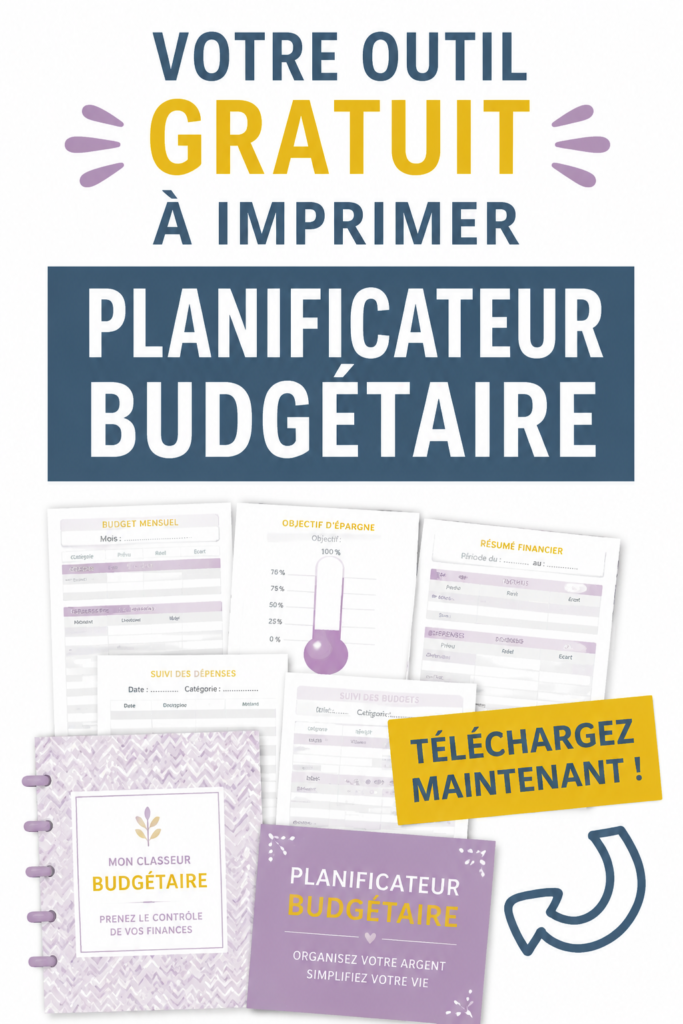 Un planner budgétaire imprimable avec des sections pour les revenus et les dépenses.