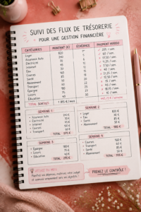 Tableau de flux de trésorerie sur un bureau, avec des calculatrices et des fournitures de bureau