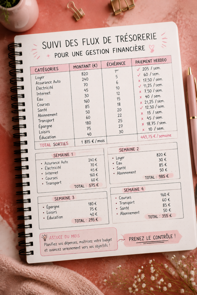 Tableau de flux de trésorerie sur un bureau, avec des calculatrices et des fournitures de bureau