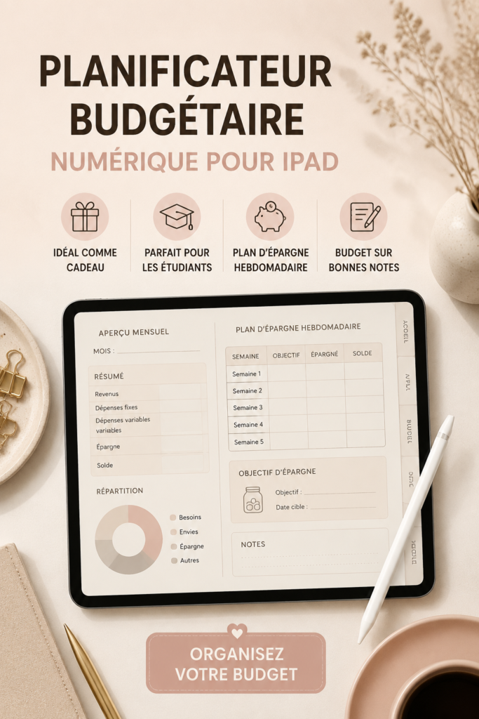Un iPad affichant un planner digital de budget.