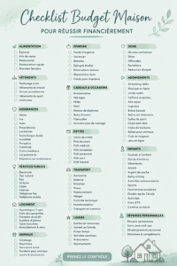 Une femme souriante consulte une checklist budgétaire à son bureau, avec un ordinateur et des documents autour de lui.