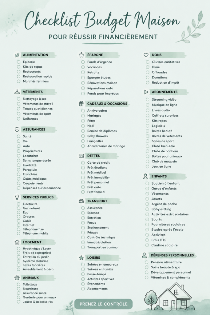 Une femme souriante consulte une checklist budgétaire à son bureau, avec un ordinateur et des documents autour de lui.