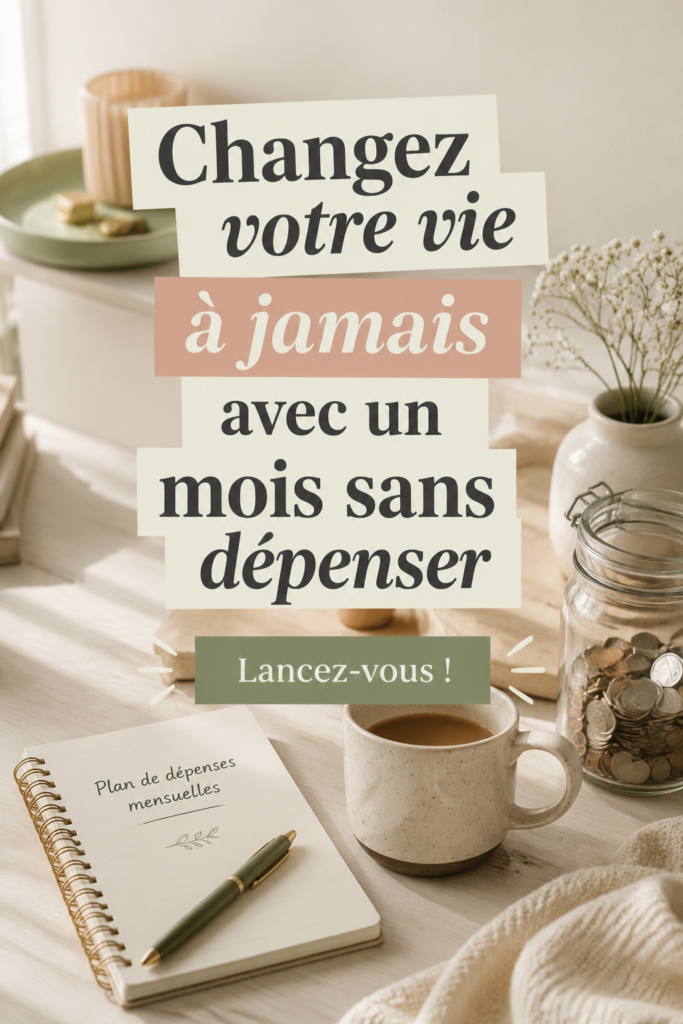 Femme souriante tenant un panneau avec le défi d'un mois sans dépenses écrit dessus
