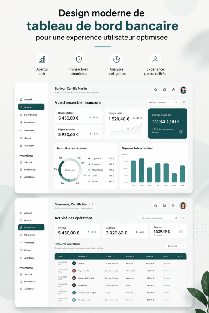 Illustration d'un tableau de bord bancaire moderne avec interface utilisateur intuitive