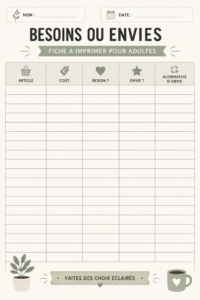 Fiche pratique illustrée pour distinguer besoins et envies, idéale pour les adultes
