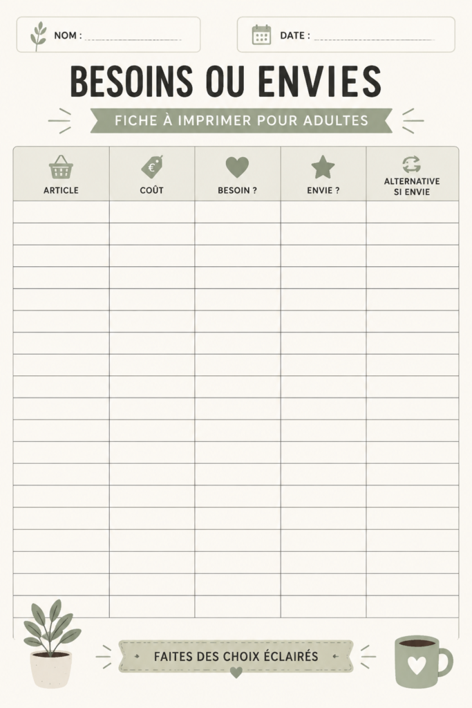 Fiche pratique illustrée pour distinguer besoins et envies, idéale pour les adultes