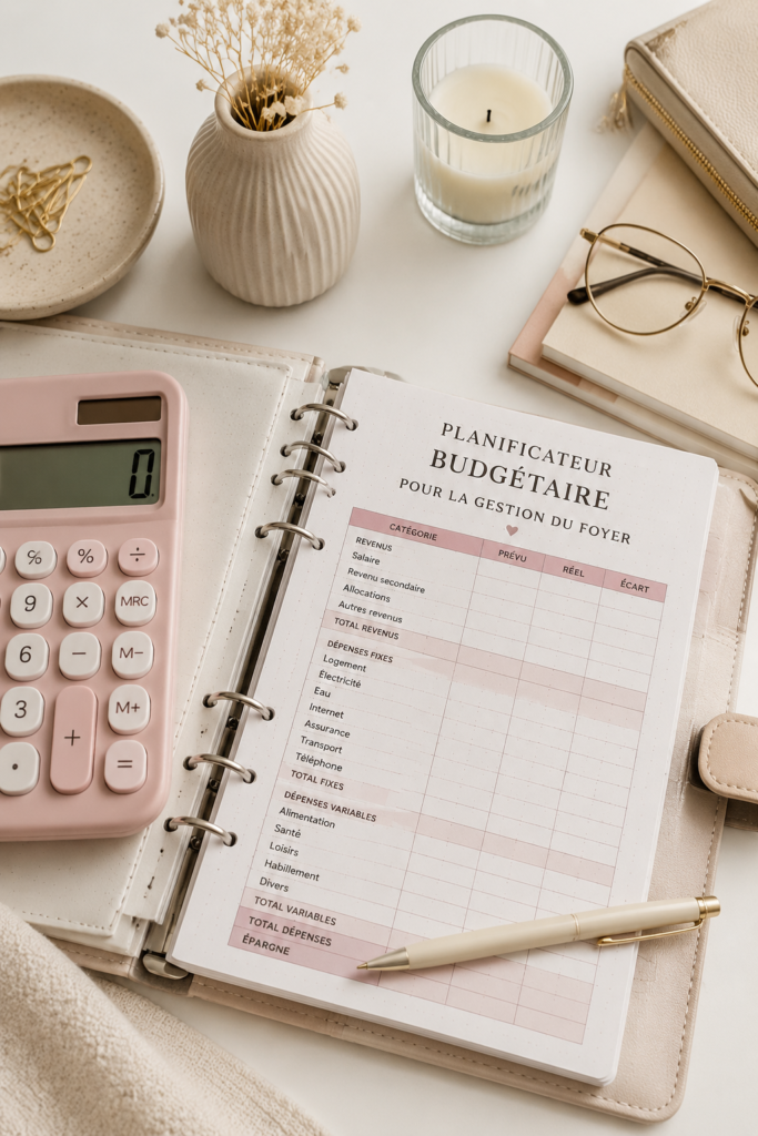 Journal de budget ouvert sur une table avec des stylos et des notes.