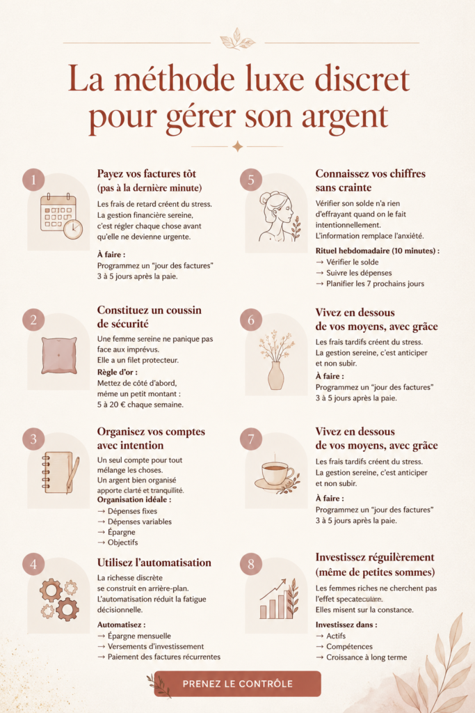 femme souriante gérant son budget avec élégance et simplicité