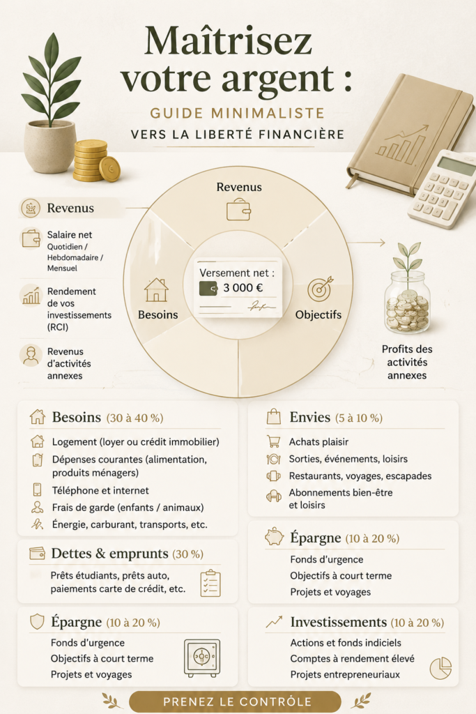 Femme souriante en train de gérer son budget avec un ordinateur portable, incarne une gestion financière minimaliste.