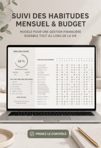 Modèle de suivi des habitudes et budget sur une table en bois, représentant une gestion saine des finances.