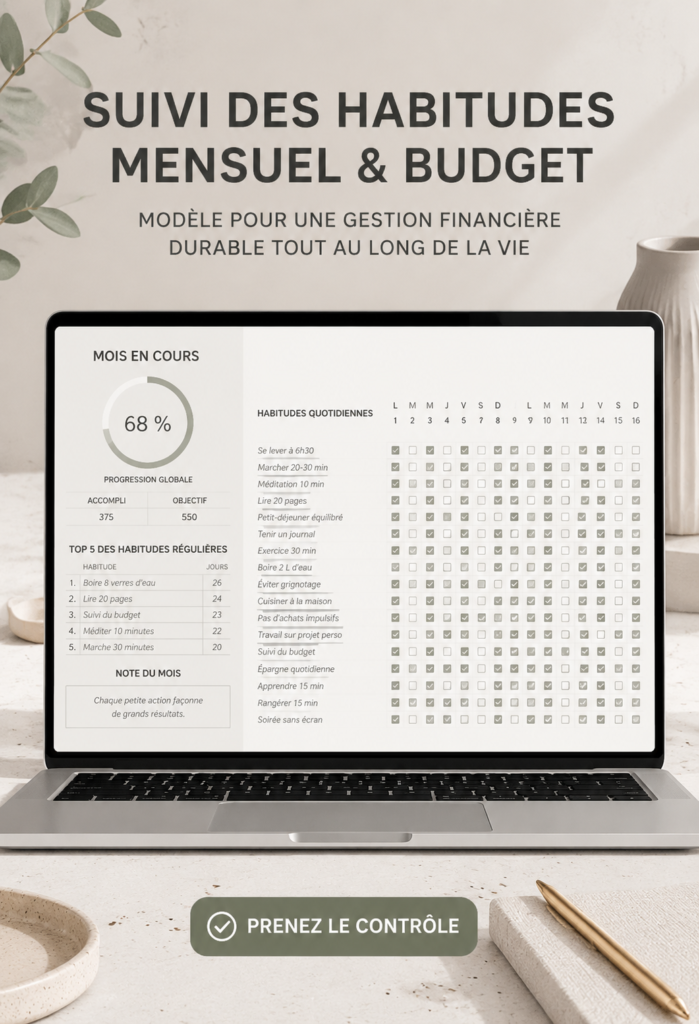 Modèle de suivi des habitudes et budget sur une table en bois, représentant une gestion saine des finances.