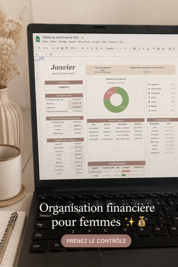 Femme consultant un budget sur son ordinateur, symbole d'organisation financière