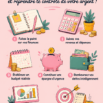 Femme souriante regardant un ordinateur, elle organise ses finances avec des documents et un café.