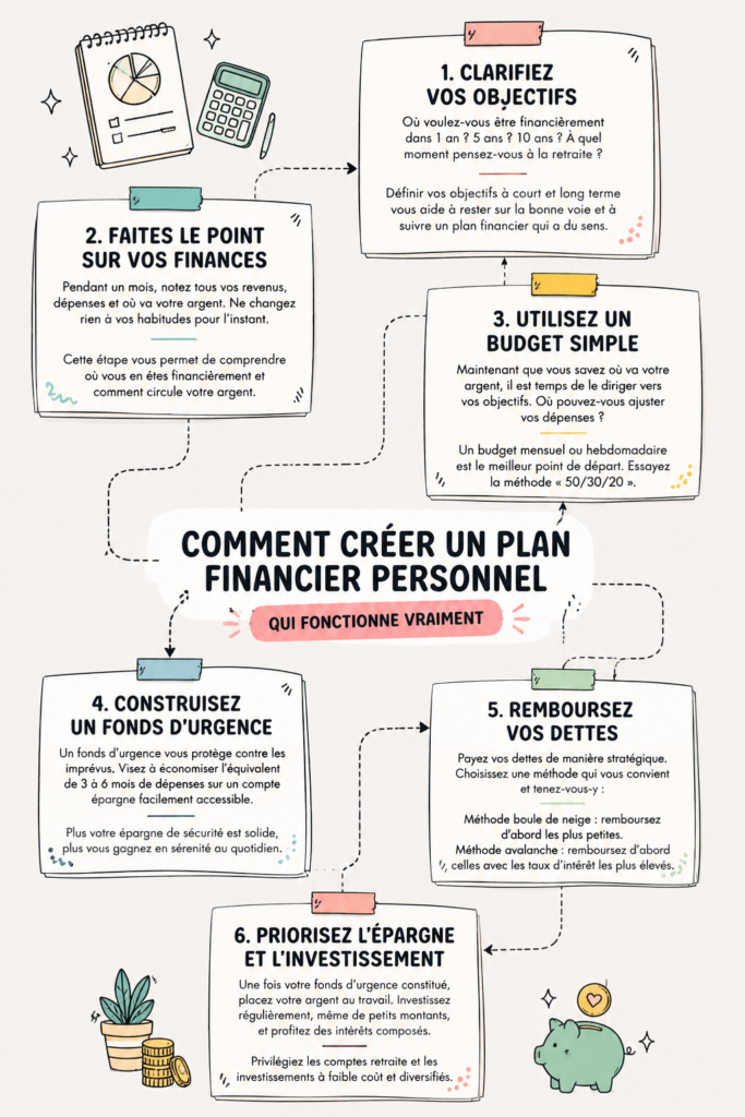 Femme réfléchissant à son plan financier avec des graphiques et un ordinateur