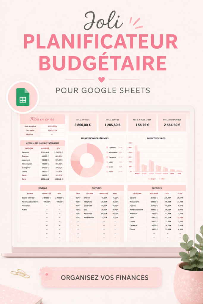 Planificateur de budget coloré sur Google Sheets, adapté à une gestion financière efficace.