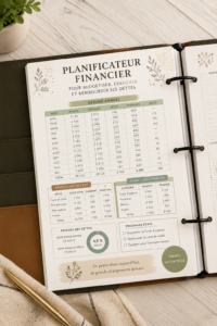 Image d'un planificateur financier sur une table avec des stylos et des calculatrices.