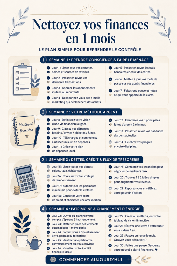 Femme souriante révisant ses finances avec un ordinateur et un carnet.