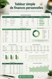 Capture d'écran d'un tableau de gestion des finances personnelles avec des colonnes pour les revenus et les dépenses.
