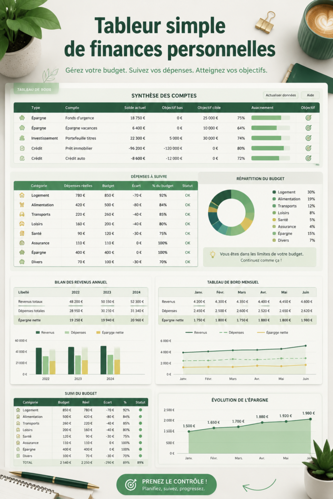 Capture d'écran d'un tableau de gestion des finances personnelles avec des colonnes pour les revenus et les dépenses.