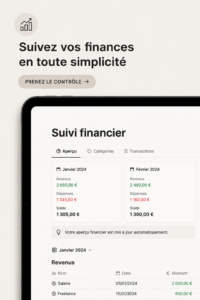 Capture d'écran d'un tracker financier sur Notion, montrant un budget bien organisé.