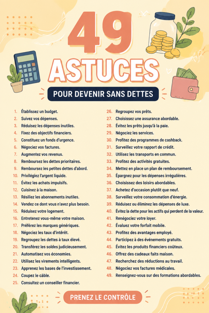 Femme joyeuse explorant des conseils pour vivre sans dettes, avec un carnet et un stylo.