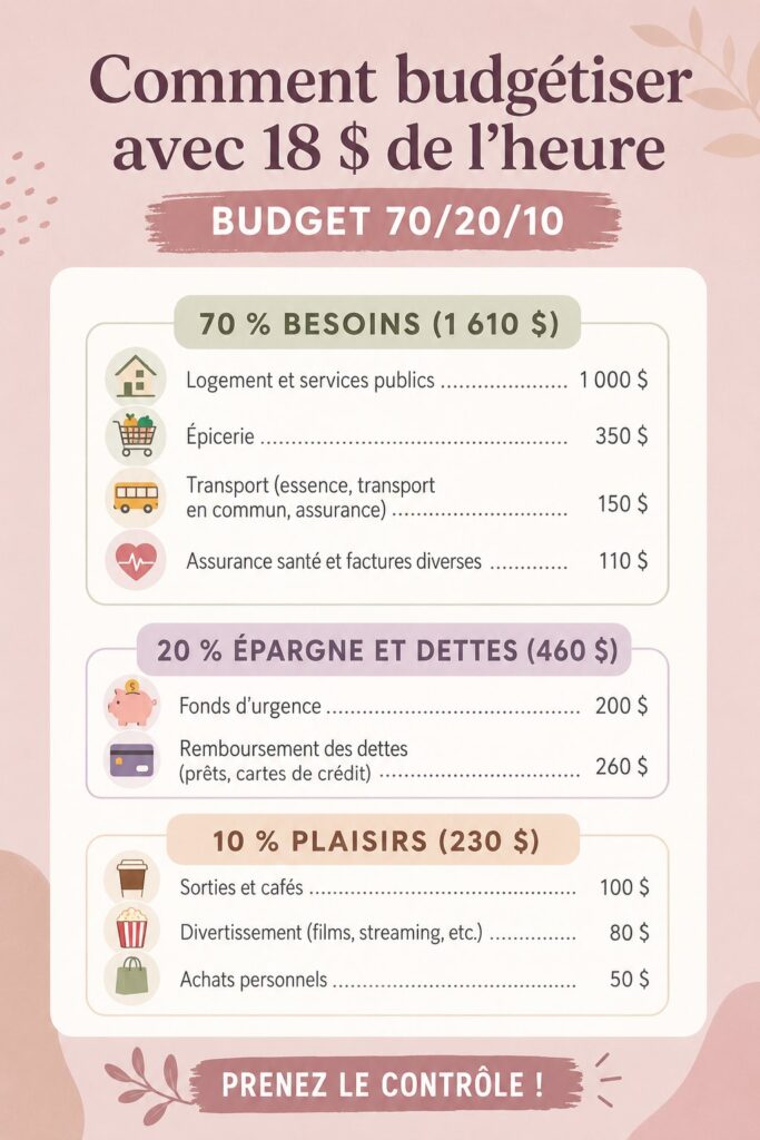 Femme souriante tenant un carnet de budget avec un ordinateur, représentant la gestion financière à un salaire de 18$ de l'heure.
